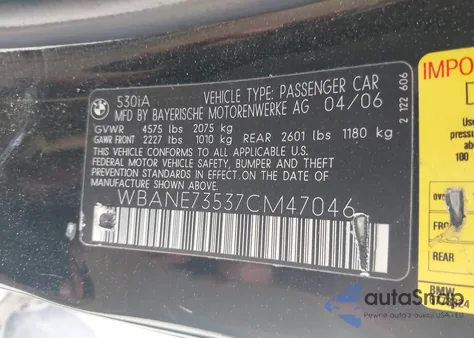 2007 BMW 530I z USA, uszkodzony, nr VIN WBANE73537CM47046